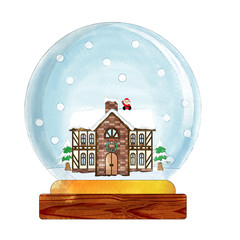 スノードームの水彩イラスト｜雪景色の西洋風の煙突の家とサンタクロース｜snow dome,globe
