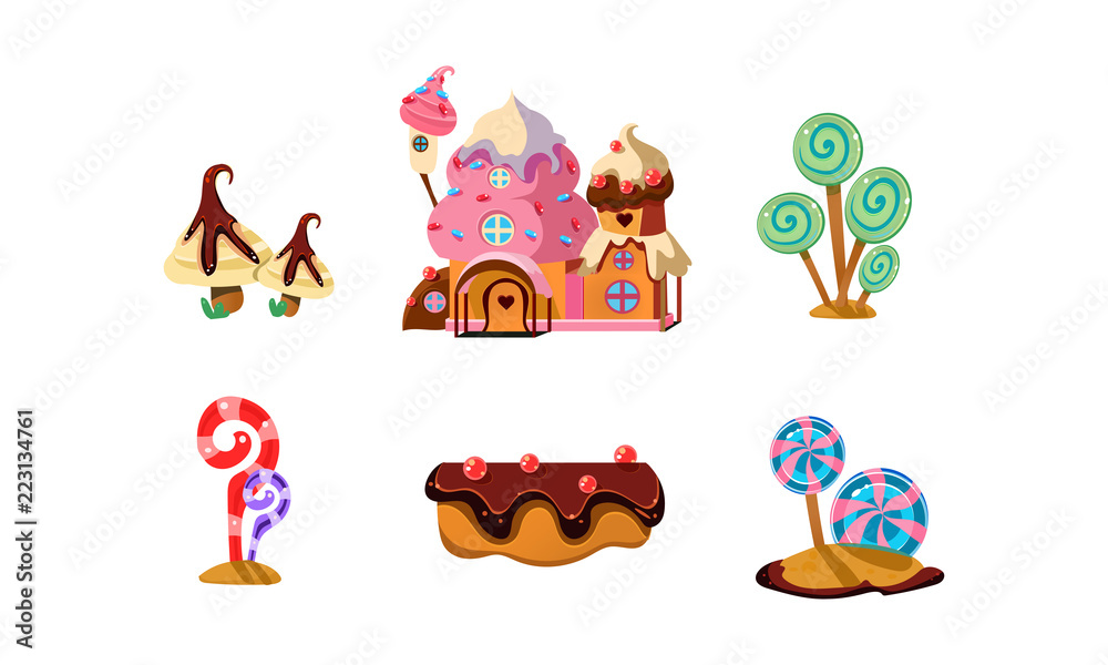 Canvas Prints Sweet candy land, cute cartoon elements of fantasy landscape for mobile game design interface vector Illustration on a white background