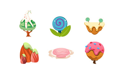 Sweet candy land design elements, cute cartoon fantasy plants for mobile game interface vector Illustration on a white background
