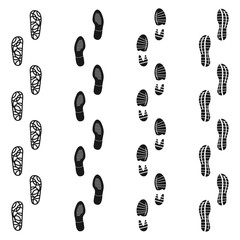 Black dirty isolated footprint track steps. Sport footprint shoes set. Vector set footprint icon in flat style