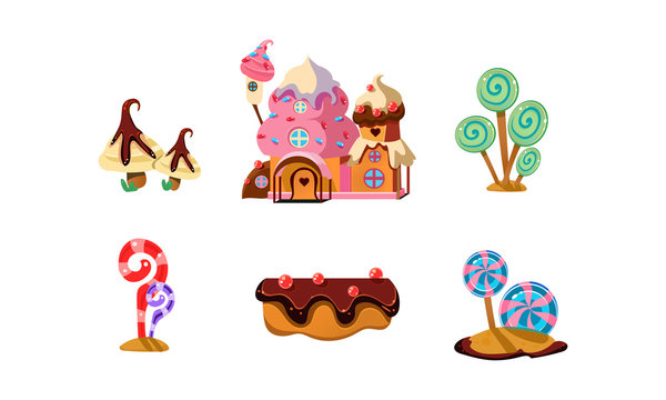 Sweet candy land, cute cartoon elements of fantasy landscape for mobile game design interface vector Illustration on a white background