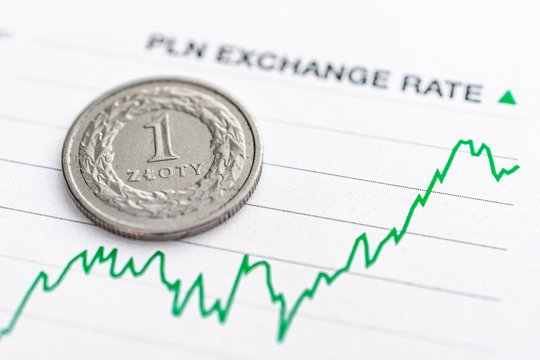 Polish zloty exchange rate: Polish zloty coin placed on a green graph showing increase in currency exchange rate - Powered by Adobe