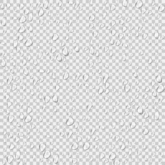 Realistic pure and transparent water drops set with shadow on gray background. Vector illustration