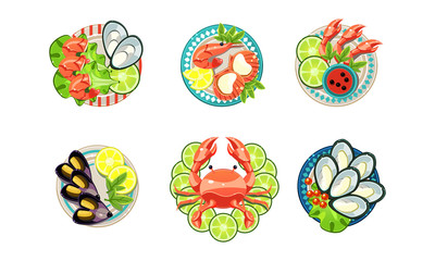 Seafood set, oysters, shrimps, octopus, lobster on plates vector Illustration on a white background