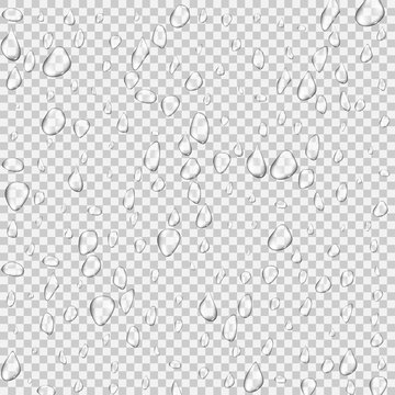 Realistic pure and transparent water drops set with shadow on gray background. Vector illustration