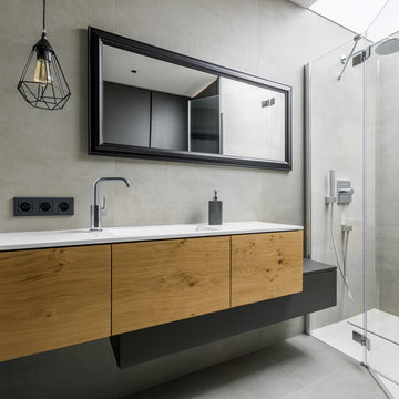 Modern bathroom with wooden cabinet