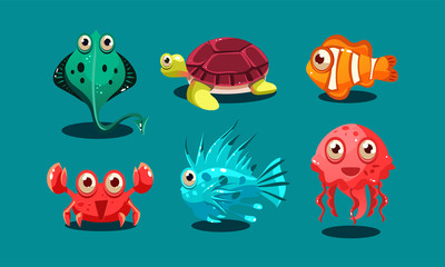 Sea creatures set, cute funny animals and fishes characters, octopus, flounder, jellyfish, clown fish, turtle and medusa vector Illustration