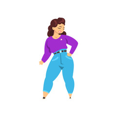 Brunette plump, curvy, overweight girl, plus size model in fashionable clothes, body positive vector Illustration on a white background