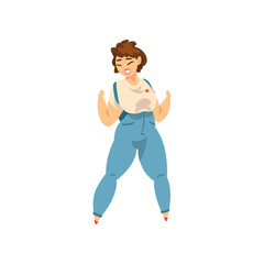 Plump, curvy, overweight girl wearing jeans, plus size model in fashionable clothes, body positive vector Illustration on a white background