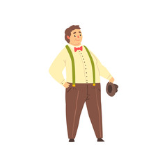Handsome overweight man wearing pants with suspenders, shirt and a bow tie, fat guy in fashionable clothes, body positive vector Illustration on a white background