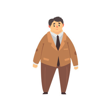 Handsome overweight man dressed brown suit, fat guy in fashionable clothes, body positive vector Illustration on a white background