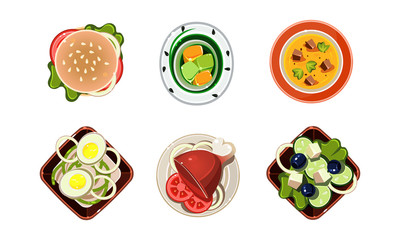 Tasty healthy dishes set, dinner table, top view vector Illustration on a white background