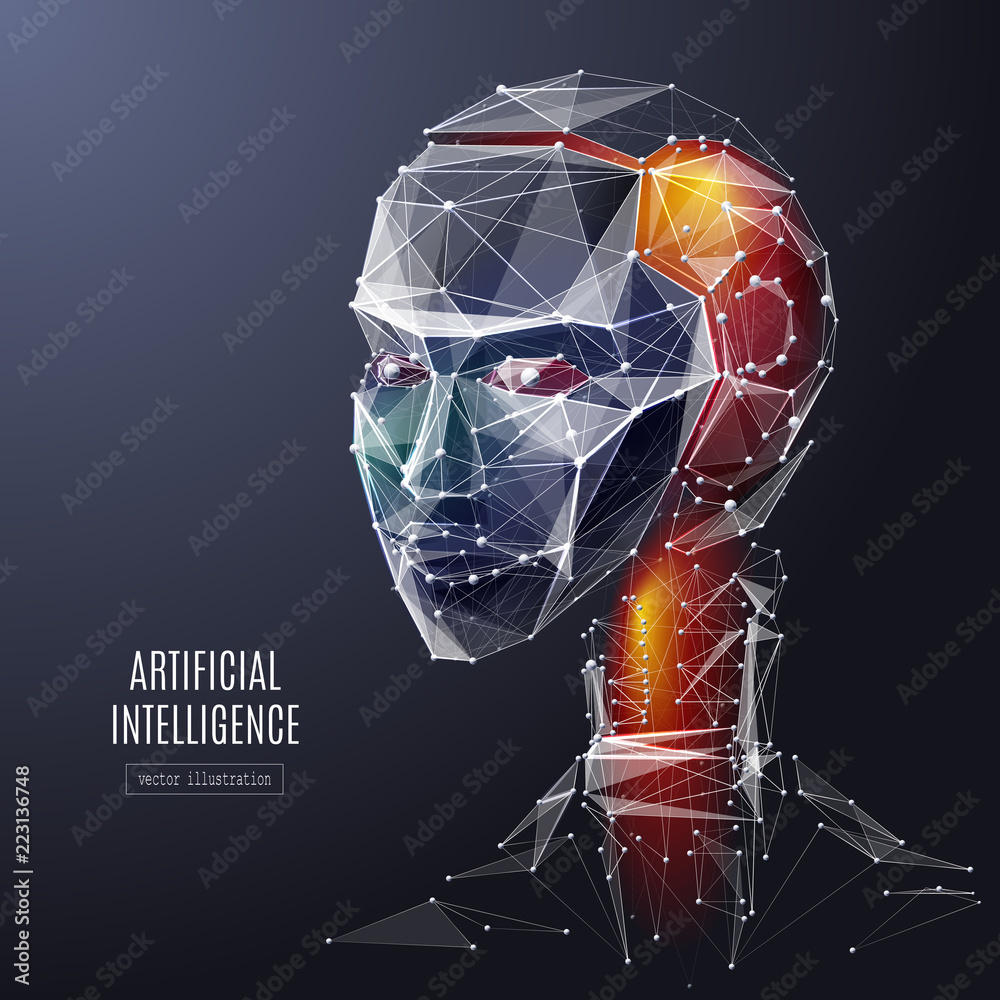Poster Artificial Intelligence. Vector isolated colorful robot. Low poly wireframe and points. Polygonal oadstone with geometry triangle. Abstract origami