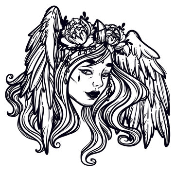 The head of a girl with wings. Flying head. A creature of stories and legends.