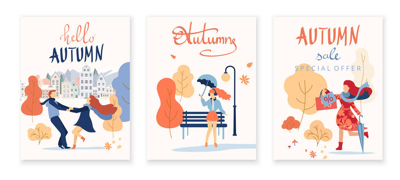 Set of autumn cards, posters, booklets with people.