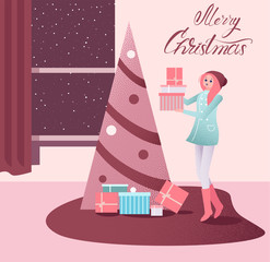 Merry Christmas card with Christmas tree and girl with gifts.