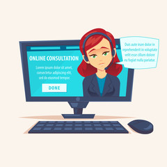 Fototapeta na wymiar Portrait of happy smiling female woman customer support phone operator look out laptop. Modern new technology. Vector flat cartoon illustration. callcenter worker with headset