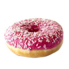 Brightly pink donut on a white background