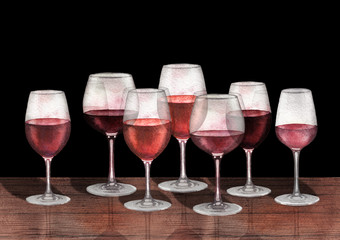 Watercolor row of red wine glasses on the wooden table