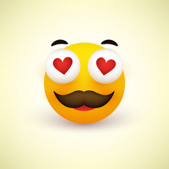 Smiling Face With Heart Shaped Eyes and Mustache on Yellow Background - Vector Design
