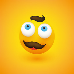 Smiling Emoji - Simple Happy Emoticon with Dreamy Pop Out Eyes and Mustache on Yellow Background - Vector Design