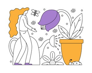Vector illustration with a flat girl taking care of plants. Gardening in the lines..