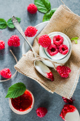 Raspberries Yogurt, fruit dessert. Berry smoothie. healthy concept