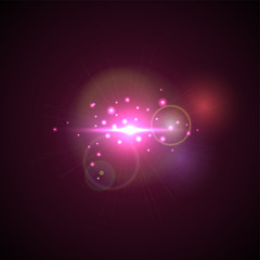 Pink Flash with rays and spotlight. Realistic light glare, high loth, star glow. Lens flare effect on black background. Bright Sunflare Explosion. Shining Vector illustration Beautiful Template.