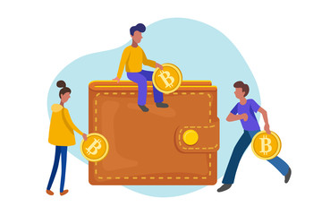 People carrying gold coins in bitcoin wallet,flat minimalist styling. Vector illustration of capital flow, earning money