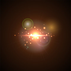 Pink Flash with rays and spotlight. Realistic light glare, high loth, star glow. Lens flare effect on black background. Bright Sunflare Explosion. Shining Vector illustration Beautiful Template.