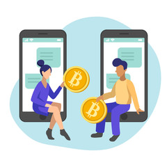 Obraz na płótnie Canvas Bitcoin transfer between people in smartphones, flat styling. Vector illustration of online payment, money transaction.