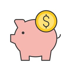 Piggy bank and coin, bank and financial related icon, filled outline editable stroke