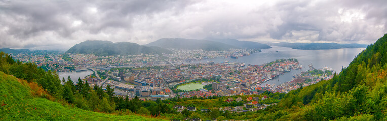 Fototapeta na wymiar Aerial view of Bergen, Norway. Panoramic view of city center, Vagen harbor and Puddefjorden