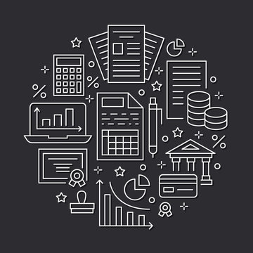 Financial Accounting Circle Poster Flat Line Icons. Bookkeeping Brochure Concept, Tax Optimization, Firm Accountant, Loan, Payroll, Real Estate Crediting. Accountancy, Finance Signs Legal Services.