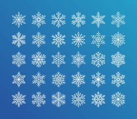 Cute snowflakes collection isolated white on blue background. Flat line snow icons, snow flakes silhouette. Nice element for christmas banner, cards. New year ornament.