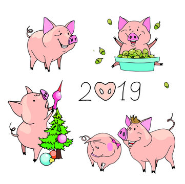 Vector isolated images of guinea pigs - a symbol of the 2019 new year.