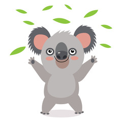 Fototapeta premium Zabawny Miś Koala Z Zielonymi Liśćmi. Australijski zwierząt najzabawniejszy ilustracja kreskówka Koala wektor. Zwierzę Australii. Darmowe uściski. Ilustracji Wektorowych, Funny Baby Bear Koala, Na Białym Tle.