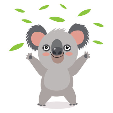 Funny Koala Bear With Green Leaves. Australian Animal Funniest Koala Cartoon Vector Illustration. Animal Of Australia. Free Hugs. Vector Illustration, Funny Baby Bear Koala, On A White Background.