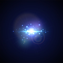 Blue Flash with rays and spotlight. Realistic light glare, high loth, star glow. Lens flare effect on black background. Bright Sunflare Explosion. Shining Vector illustration Beautiful Template.