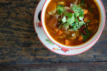 spicy mushroom soup. vegetarian food in restaurant