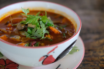 spicy mushroom soup. vegetarian food in restaurant
