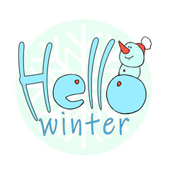 Vector greeting greeting card of winter in a circle on a blue background.