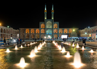 Amir Chakmaq complex by night with colorful lights, Yazd, Iran