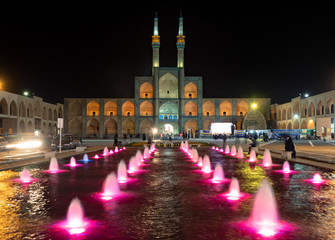 Fototapeta na wymiar Amir Chakmaq complex by night with colorful lights, Yazd, Iran