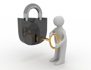 man opening lock. 3d illustration