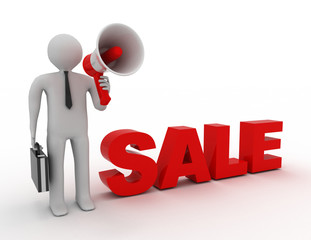 3d people - man, person and a megaphone. Sale concept