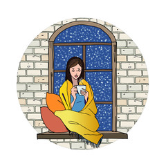Vector image of a young girl in a snowy winter window, you can use for book and magazine illustration, design of cards and other works