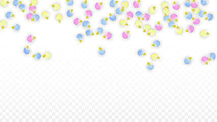 Vector Realistic Colorful Petals Falling on Transparent Background.  Spring Romantic Flowers Illustration. Flying Petals. Sakura Spa Design. Blossom Confetti. Design Elements for Wedding Decoration.