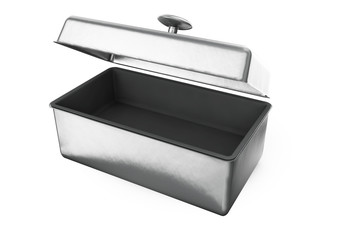 Stainless steel or tin metal shiny silver box container with handle Isolated on white background for mock up and packaging Design. 3d render illustration.