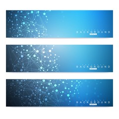 Scientific set of modern vector banners. DNA molecule structure with connected lines and dots. Science vector background. Medical, tecnology, chemistry design